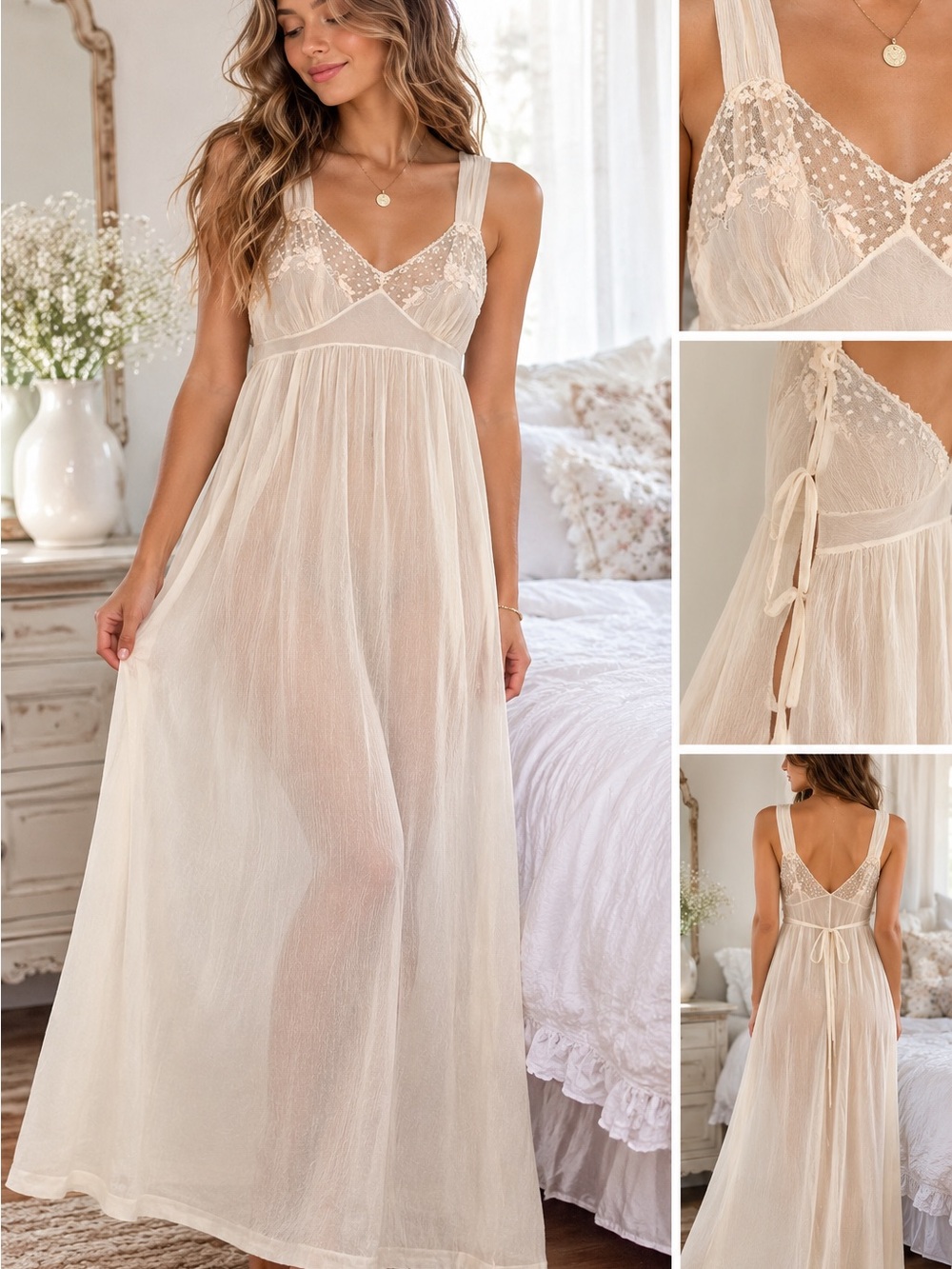 Sheer Lace Maxi Nightgown - Cream
